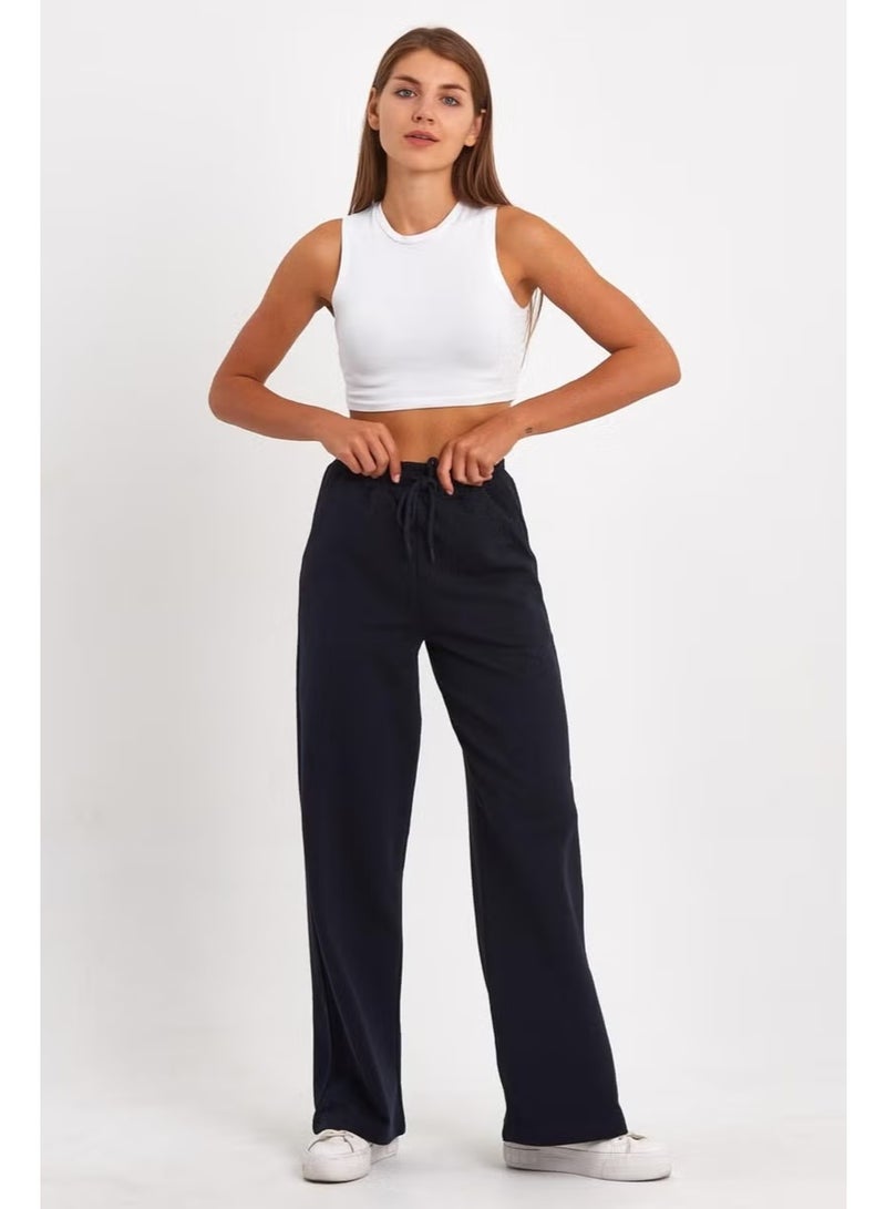 mmetalic Women's Seasonal Casual Wide Leg Side Pocket Navy Blue Sweatpants - Image 1
